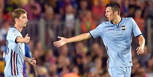 Barcellona (Spagna), 10/08/2016 Sampdoria/Barcellona-Sampdoria (Trofeo Joan Gamper) Gol Sampdoria (3-2): esultanza Luca Cigarini-Filip Djuricic-Ante Budimir