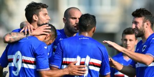 Rovereto (Trento), 30/07/2016 Sampdoria/Ritiro 2016-17 - Sampdoria-Chievo Verona (Amichevole) Gol Sampdoria (1-0): esultanza Luis Fernando Muriel e compagni