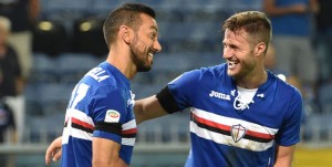 GENOA, ITALY - AUGUST 28: Fabio Quagliarella and Jacopo Sala during the Serie A match between UC Sampdoria and Atalanta BC at Stadio Luigi Ferraris on August 28, 2016 in Genoa, Italy. (Photo by Getty Images/Getty Images)
