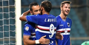 30-10-16 SAMPDORIA-INTER CAMPIONATO SERIE A TIM 2016-17 FABIO QUAGLIARELLA ESULTA CON LUIS MURIEL DOPO GOL 1-0