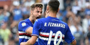 GENOA, ITALY - OCTOBER 02 2016        Bruno Fernandes (UC Sampdoria) and Jacopo Sala celebration after goal 1-1 during the Serie A match between UC Sampdoria and U.S.Città di Palermo at Stadio Luigi Ferraris on October 02, 2016 in Genoa, Italy. (Photo by Getty Images/Getty Images)