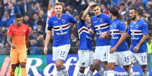 Genova, 29/01/2017 Serie A/Sampdoria-Roma Gol Sampdoria (2-2): esultanza Milan Skriniar-Lucas Sebastian Torreira-Patrik Schick-Matias Agustin Silvestre-Fabio Quagliarella