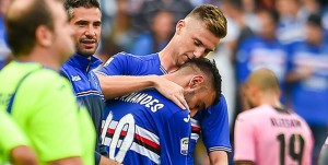 Genova, 02/10/2016 Serie A/Sampdoria-Palermo Christian Puggioni-Bruno Miguel Borges Fernandes-Milan Skriniar - Esultanza finale