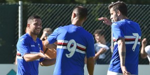 15-07-17 SAMPDORIA-SELLERO NOVELLE RITIRO 2017-18 CAPRARI ESULTA CON QUAGLIARELLA ED ALVAREZ