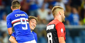 Genova, 12/08/2017 Coppa Italia/Sampdoria-Foggia Gol Sampdoria (2-0): esultanza Gianluca Caprari-Edgar Osvaldo Barreto