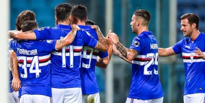 Genova, 12/08/2017 Coppa Italia/Sampdoria-Foggia Gol Sampdoria (1-0): esultanza Edgar Osvaldo Barreto-Lucas Sebastian Torreira-Ricardo Gabriel Alvarez-Vasco Regini-Nicola Murru-Jacopo Sala