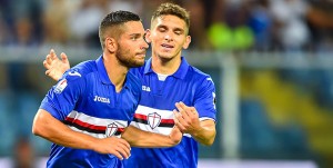 Genova, 12/08/2017 Coppa Italia/Sampdoria-Foggia Gol Sampdoria (2-0): esultanza Gianluca Caprari-Lucas Sebastian Torreira