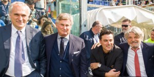 Genova, 24/09/2017 Serie A/Sampdoria-Milan Antonio Romei (avvocato Massimo Ferrero)-Daniele Prade (responsabile area tecnica Sampdoria)-Vincenzo Montella (allenatore Milan)-Massimo Ferrero (presidente Sampdoria)-Marco Fassone (a.d. Milan)