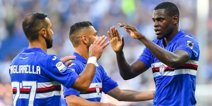 Genova, 15/10/2017 Serie A/Sampdoria-Atalanta Gol Sampdoria (1-1): esultanza Fabio Quagliarella-Gianluca Caprari-Duvan Esteban Zapata