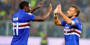 04-11-2017: GENOVA, GENOA-SAMPDORIA CAMPIONATO SERIE A TIM 2017-2018 Esultanza Fabio Quagliarella e Duvan Zapata