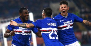 28-01-18 Roma-Sampdoria Campionato Serie A Tim 2017-18 Duvan Zapata esulta dopo il goal dello 0-1 con Dawid Kownacki  e Nicola Murru