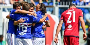Genova, 29/04/2018 Serie A/Sampdoria-Cagliari Gol Sampdoria (1-0): esultanza Bartosz Bereszynski-Dennis Praet-Karol Linetty-Edgar Osvaldo Barreto - delusione Artur Ionita