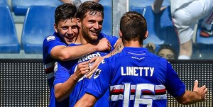 Genova, 29/04/2018 Serie A/Sampdoria-Cagliari Gol Sampdoria (3-0): esultanza Dawid Kownacki-Bartosz Bereszynski-Karol Linetty