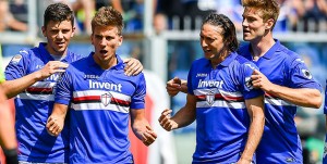 Genova, 29/04/2018 Serie A/Sampdoria-Cagliari Gol Sampdoria (1-0): esultanza Bartosz Bereszynski-Dennis Praet-Edgar Osvaldo Barreto-Joachim Andersen
